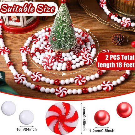 Gerrii 9 Feet Large Christmas Tree Candy Bead Garland Holiday Red and White Peppermint Decorations Christmas Plastic Garland Hanging Ornaments for Xmas Party Fireplace Home Decor(2 Pieces)