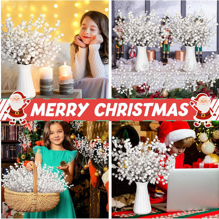 Zeyune 12 Pcs Christmas Artificial Berry Stems 16.1inch Fake Holly Berry Picks Xmas Berry Stems Branches Sprays Snowy Fake Berries for Christmas Tree Wreath Crafts Wedding Holiday Winter Decor (White)