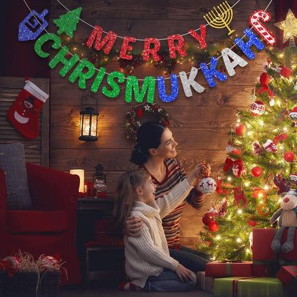 Merry Chrismukkah Banner Glitter Christmas Hanukkah Mixed Banner Christmas Banner Hanukkah Banner Decor Party Decorations Chanukah Festival Party Supplies