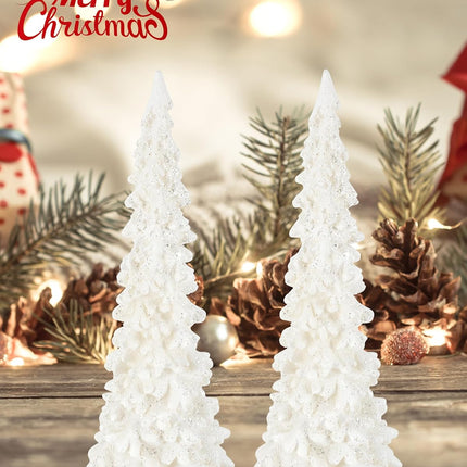 iStatue Tabletop Christmas Tree Decoration 8.3'' Tall - Set of 2 Mini White Resin LED Trees with Intricate Details Figurines - Indoor Holiday Light Decor and Xmas (Trees)