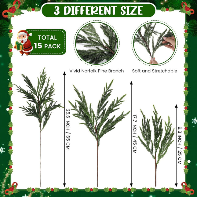 Giegxin 15 Pcs Artificial Christmas Norfolk Pine Stems Branches for Vase 25.8 in, 17.7 in and 9.8 in Fake Green Pine Picks Greenery for Xmas Holiday DIY Crafts Table Home Indoor Outdoor Decor