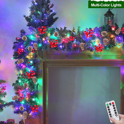 Remote Control - 9 Ft Prelit Christmas Garland 50 Color Lights Timer 8 Mode Thick 300 Branches 198 Red Berry 18 Pinecone Battery Operated Xmas Decor