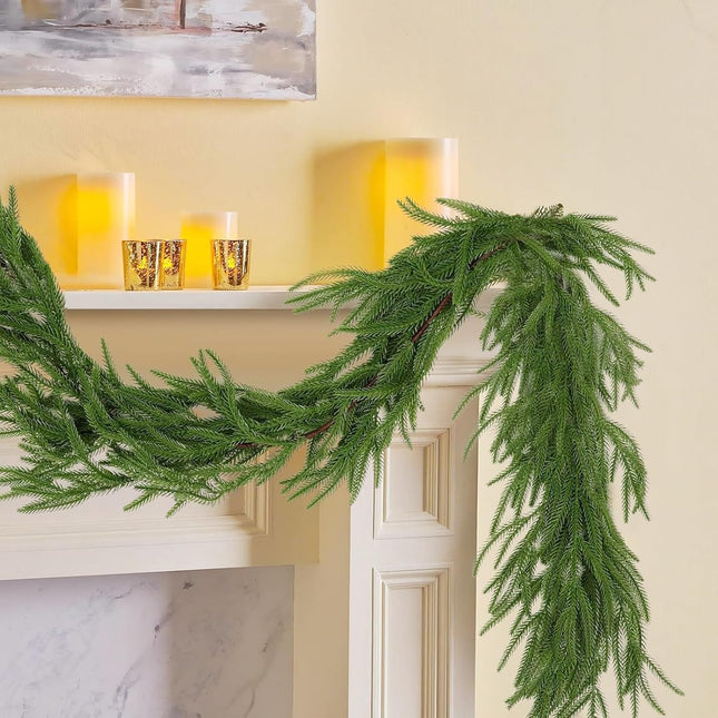 Christmas Norfolk Pine Garland, Real Touch Norfolk Pine Garland, Artificial Cedar Garland, Christmas Afloral Norfolk Pine Garland, for Holiday Mantle Indoor, Outdoor Decorations (2 Pcs, 6 Ft)