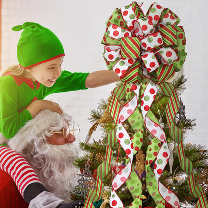 Tigeen Christmas Tree Bow Topper 52 x 12 Inch Red Green White Polka Dot Large Toppers Bow Present Bow with Glitter Streamers for Wreaths Xmas Party Holiday Festival Decorations