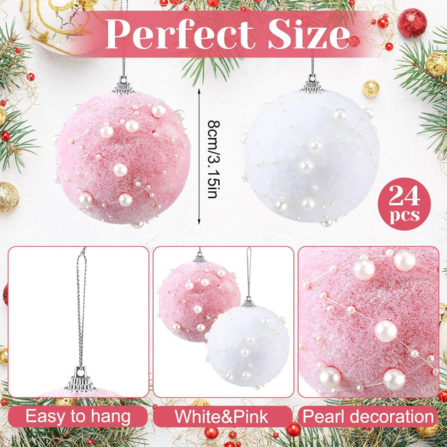 Wettarn 24 Pcs Christmas Tree Ball Ornament Pastel Pink White Plush Christmas Ball Ornaments 3.15 Inch Decorative Hanging Decor for Xmas Tree Year Holiday Wedding Party Wreath Garland Decorations