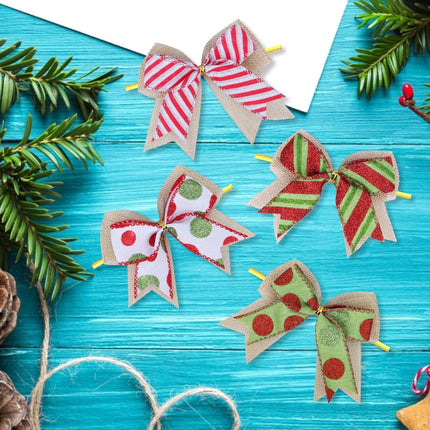 12 Pcs Christmas Candy Bow 4 Inch Burlap with Red and Green Dot Bows Glitter Stripe Candy Cane Lollipop Peppermint Wreath Bows for Xmas Door Garland DIY Candy Themed Party Supplies (Christmas)