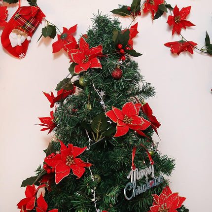 Christmas Garland, Poinsettia Christmas Flowers Decorations Garland, Artificial Flowers Garland with Red Berries Holly Leaves, Christmas Tree Decor Xmas Party Fireplace Wall Garden Decor, Pack of 2