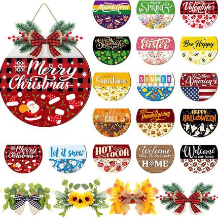 Vicenpal Interchangeable Welcome Sign for Front Door with 17 Magnetic Icons, Wooden Seasonal Front Porch Door Decor with 4 Seasonal Wreaths and 17 Changeable Icons for Holiday Party