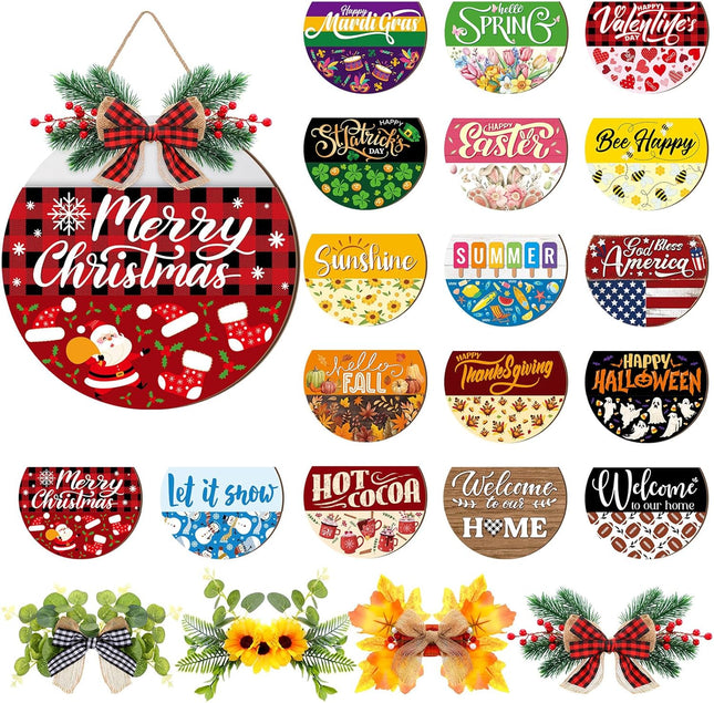 Vicenpal Interchangeable Welcome Sign for Front Door with 17 Magnetic Icons, Wooden Seasonal Front Porch Door Decor with 4 Seasonal Wreaths and 17 Changeable Icons for Holiday Party