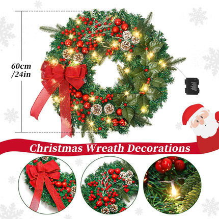 Prelit Christmas Wreath with 50 LED Lights, Large 24In Christmas Wreath for Front Door Wreaths with Berries, Pine Cones, Big Bowtie Pine Branch for Door Fireplace Window Mantle Christmas Decoration