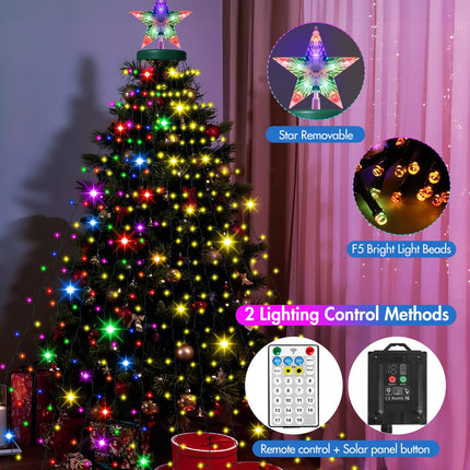Solar Christmas Tree Lights with Star Topper, 410 LED 6.6FT x 16 Lines Christmas String Lights with 19 Models Timer Remote, Waterfall Tree Lights USB Powered for Xmas Tree(Warm White & Multi-Colored)