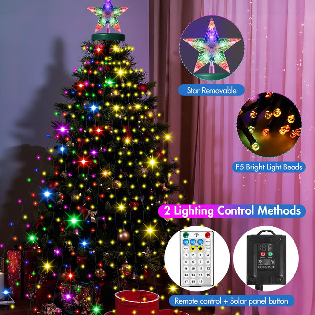 Solar Christmas Tree Lights with Star Topper, 410 LED 6.6FT x 16 Lines Christmas String Lights with 19 Models Timer Remote, Waterfall Tree Lights USB Powered for Xmas Tree(Warm White & Multi-Colored)