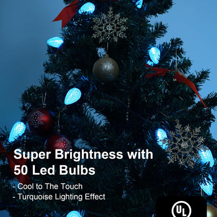 C9 Led Christmas String Lights Outdoor, 33.3ft 50 LED Waterproof Decorative Light Strand, Extendable Green Wire String Lights for House, Christmas Tree, Patio, Party Decoration, Turquoise