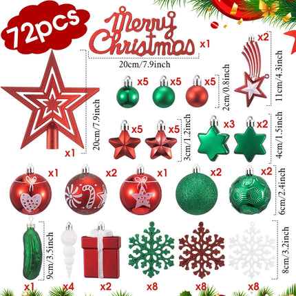 73 Pcs Christmas Tree Decorations Set Christmas Tree Pickle Ornaments Xmas Tree Topper Hanging Ball Snowflake Ornaments for Christmas Holiday Party(Stylish,Red, Green)