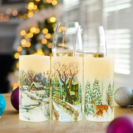 Christmas Flameless Candles Real Wax LED Candles Decor Battery Operated with Timer and Green Christmas Tree Decal,Set of 3,Warm Light