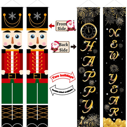 3 Pcs Christmas Decor Nutcracker Outdoor Reversible Banner & Small Xmas Wreath Hanging Sign Decor& Year Reversible Banner Door Sign for Years Eve Party Supplies,Hanging Merry Christmas Happy