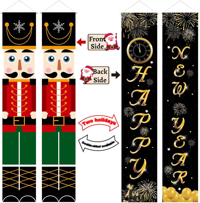 3 Pcs Christmas Decor Nutcracker Outdoor Reversible Banner & Small Xmas Wreath Hanging Sign Decor& Year Reversible Banner Door Sign for Years Eve Party Supplies,Hanging Merry Christmas Happy