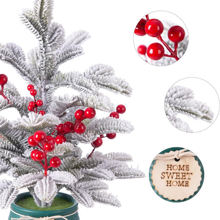 Small Christmas Tree Artificial Mini Tabletop Christmas Tree for Xmas Decor, Pine Greenery with Snow Red Berry Holiday Ornaments Indoor, for Friends Family