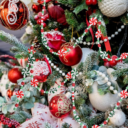 Huwena 4 Pieces 10 Feet Christmas Candy Bead Garlands Peppermint Hanging Christmas Tree Garland Pearl Xmas Tree Bead for Christmas Tree Fireplace Wreath Ornaments