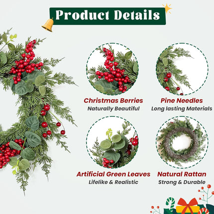 18-Inch Christmas Wreath with Red Berries Eucalyptus and Cedar Leaf - Artificial Holiday Wreath for Front Door, Wall, and Home Decoration