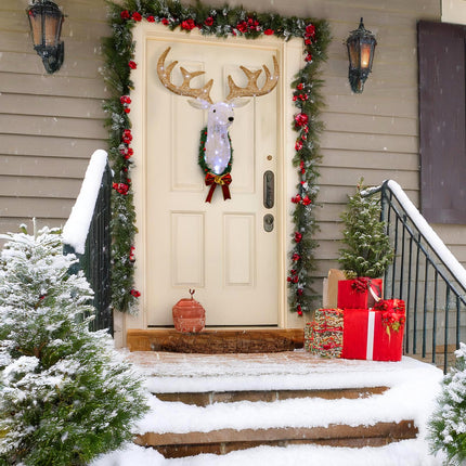 28 Inch Lighted Christmas Wall Decor Reindeer Head - Pre-Lit 3D Rudolph Hanging Wreath with Battery Operated LED Lights, 8 Lighting Modes for Indoor/Outdoor Festive Xmas Holiday Decoration