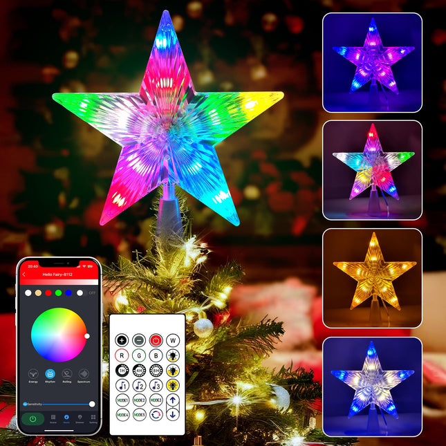 7" Christmas Star Tree Topper Lighted, Smart App & Remote Control RGB Color Changing Star Tree Topper with DIY, Scene Mode, Sync with Music, Timer for Xmas Tree Decor, USB Plug in/Wire 16.4Ft