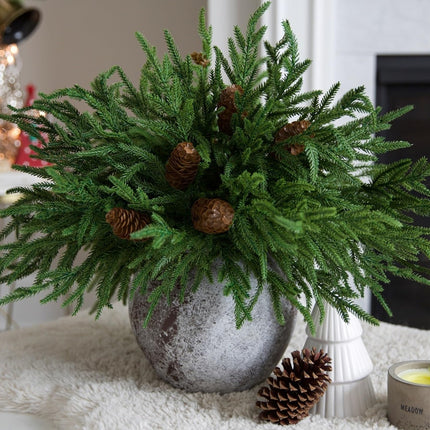 Artificial Christmas Norfolk Pine Stems Branches for Vases,12 Bundles Faux Fake Greenery Evergreen Real Touch Feel Green Branch with Pinecones for Holiday Winter Table Xmas Decorating