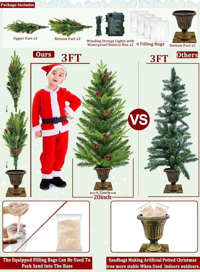 2 Pack 3Ft Artificial Potted Christmas Tree Realistic-Feel Norfolk PE&Classics PVC Mixed Pine, Fraser Fir, Warm White&Colored Change LEDs, Timer, 12 Mode, Battery Operated Pinecone Outdoor Porch Decor