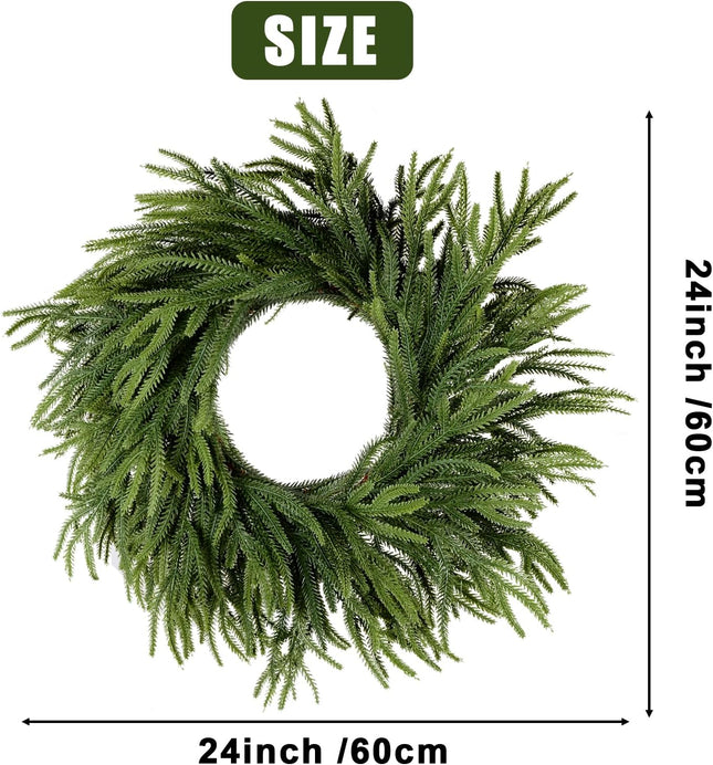 24 Inch Christmas Wreath for Front Door, Norfolk Pine Wreath for Home Porch Window Wall Farmhouse Decor Indoor Outdoor, Green Wreath Front Door Wreath