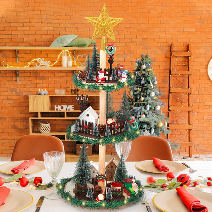 Gerrii 23.6 Inch Christmas Tree Tiered Tray Decoration Christmas Tree Wooden Holder Xmas Tray Decorations Set Include Garland LED Light Golden Star for Holiday Display Light up Tabletop Xmas Tree Tray