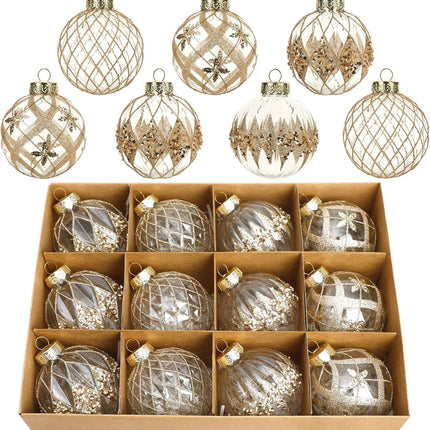 12 PCS Champagne Christmas Ornaments, 80mm/3.15 Inches Clear Christmas Decorations Large Shatterproof Luxury Hand-Painted Xmas Ball Ornaments for Christmas Tree Rustic Farmhouse Wedding Home Decor