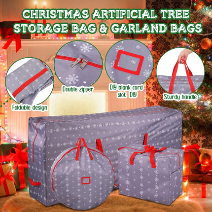 Abbylike 3 Pcs Christmas Tree Storage Bag 65 x 30 x 15'' Set, Christmas Wreath Storage Bag 30'' Grey Snowflake Ornament Storage Container 18'', Xmas Organizer 420d Waterproof Oxford Bags with Handle