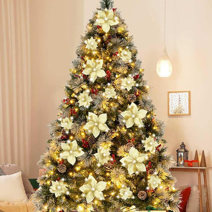 Geefuun 28PCS Christmas Tree Decorations: Poinsettias Artificial Flowers Ornaments Xmas Gold Glitter Flower with Clips