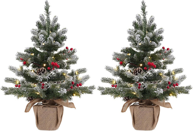 24 Inch 2 FT Pre-lit Snowy Mini Christmas Tree, DECSPAS Small Tabletop Flocked Christmas Tree with 20 LED Lights Red Berries Pine Cones and Cloth Bag Base Xmas Decorations for Holiday Party (Color B)