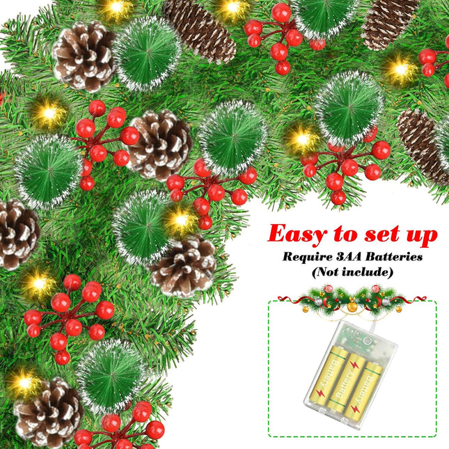 Christmas Garland Decorations with Lights: 9 FT Lighted Battery Operated Garland with Pine Cones Red Berries, Christmas Decor Indoor Outdoor for Mantle Stairs Door Fireplace Staircase Window Railing