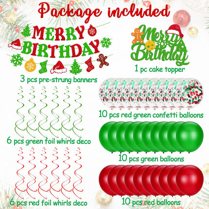 Christmas Birthday Decorations Merry Birthday Banner Christmas Cake topper Red Green Hanging Swirls Balloons for Merry Christmas Tree Winter Snow Happy Year Theme Party Supplies 46 PCS