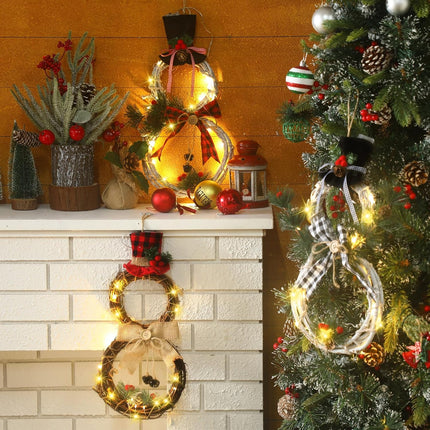 3 Pcs Lighted Christmas Wreath Decoration Grapevine Wreath with Hat Bow Holding Sign Red Berries Pine Cone Vine for Xmas Front Door Home Garden Wall Decor, Batteries Not Included (Snowman)