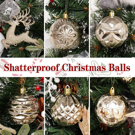 Christmas Tree Ornaments Set, 50 ct Champagne and White Christmas Ornaments Balls for Christmas Tree Decorations Shatterproof Christmas Hanging Ball for Halloween Party Home Decor (Hooks Included)