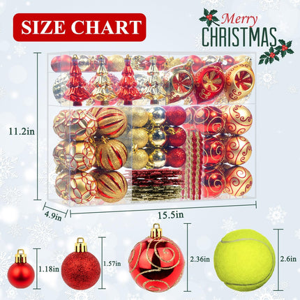 114 Pcs Red and Gold Christmas Ball Ornaments Set, Xmas Tree Ornament Bulk Decoration, Shatterproof Decorative Hanging Baubles for Party Holiday Wreath Garland Home Décor