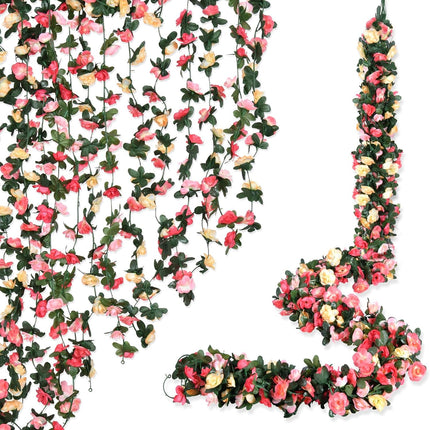8pcs 66FT Flower Garland, Artificial Rose Vine Flowers with Green Leaves Silk Fake Hanging Flowers for Room, Anniversary Wedding Birthday Christmas Wall Backdrop Arch Decor, Champagne and Pink