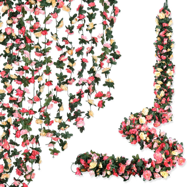 8pcs 66FT Flower Garland, Artificial Rose Vine Flowers with Green Leaves Silk Fake Hanging Flowers for Room, Anniversary Wedding Birthday Christmas Wall Backdrop Arch Decor, Champagne and Pink
