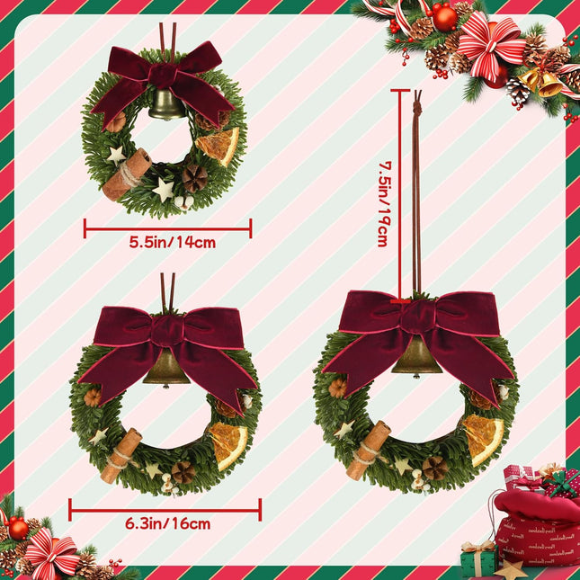 2 Pcs of Mini Christmas Wreath with Small Bell for Front Door, Windows, Home Decor, Farmhouse Christmas Decor, Car and Cabinet Decor, Miniature Crafts Dollhouse and Christmas Tree Decorations