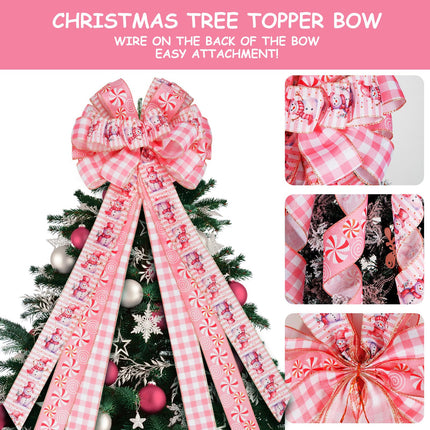 Pink Christmas Tree Topper Bow - 45'' x 13'' Large Pink Plaid Edge Ribbon Bow for Tree & Wreath - Rustic Christmas Tree Decor, Pink Buffalo Plaid Bow Wreath for Christmas Decorations