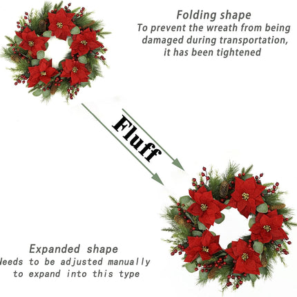 20 inch Artificial Christmas Wreath Winter Wreath with Poinsettia,Eucalyptus Leaves,red Berry,Pine Cones,Pine Needles for Indoor Outdoor Farmhouse Home Wall Window Festival Wedding Decor