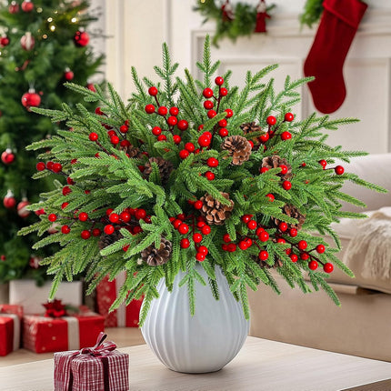 MARTINE MALL 12Pcs Christmas Norfolk Pine Branches with Pine Cones&Berries, 18In Fake Greenery Norfolk Pine Branches Evergreen Artificial Pine Branches for Xmas DIY Craft Garland Home Decor