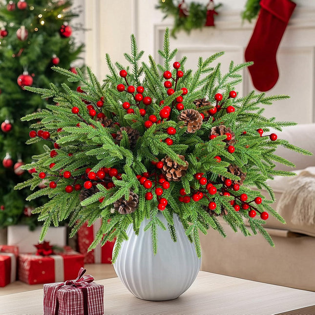 MARTINE MALL 12Pcs Christmas Norfolk Pine Branches with Pine Cones&Berries, 18In Fake Greenery Norfolk Pine Branches Evergreen Artificial Pine Branches for Xmas DIY Craft Garland Home Decor