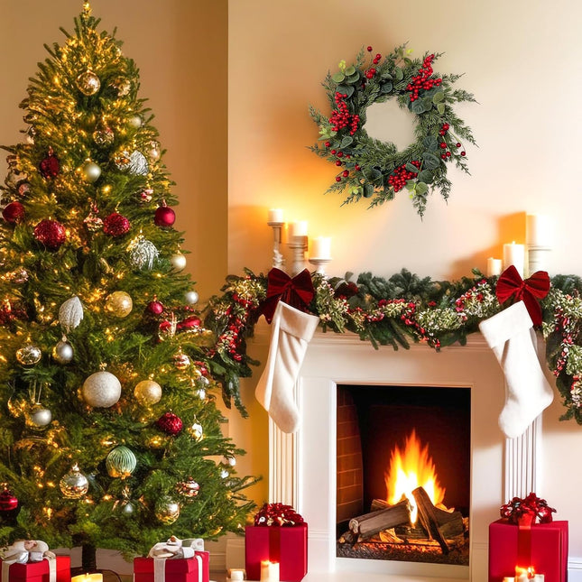 18-Inch Christmas Wreath with Red Berries Eucalyptus and Cedar Leaf - Artificial Holiday Wreath for Front Door, Wall, and Home Decoration