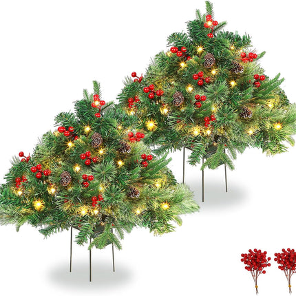 Tigeen 2 Pcs 22 Inch Christmas Tree Frosted Urn Filler Outdoor Planter Pots Filler Prelit Xmas Pine Trees with Cones and Red Berries 50 Warm White LED with 8 Light Modes and Timer for Yard(Common)