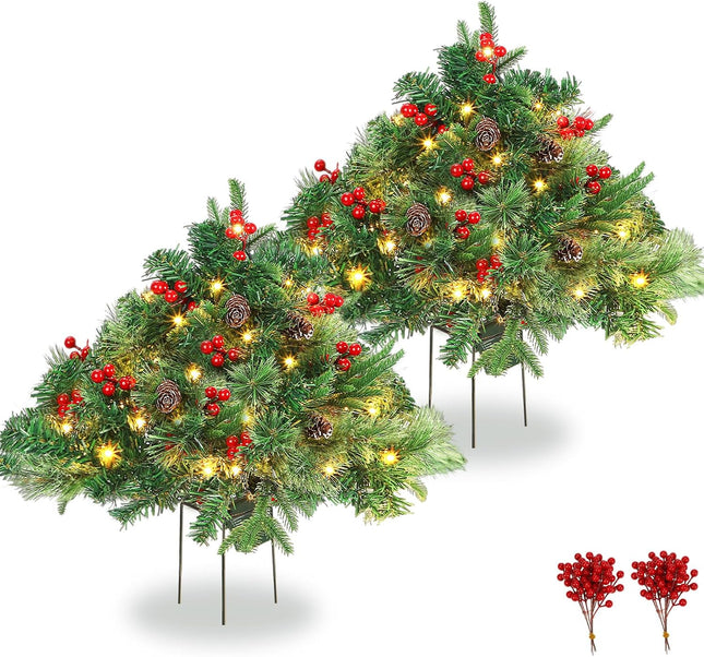 Tigeen 2 Pcs 22 Inch Christmas Tree Frosted Urn Filler Outdoor Planter Pots Filler Prelit Xmas Pine Trees with Cones and Red Berries 50 Warm White LED with 8 Light Modes and Timer for Yard(Common)