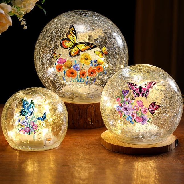 3pcs Christmas Decorations Indoor Cardinal Crackle Glass Ball Lights Cardinal Decorations Lamp LED Night Indoor Tabletop Decorative Sphere Lamp for Home Decor(Butterfly)